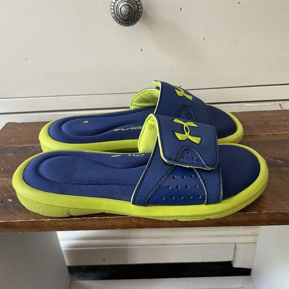 Under Armour Kids UA Blue Green Slip On Slides Sandals Size US 1Y Summer‎